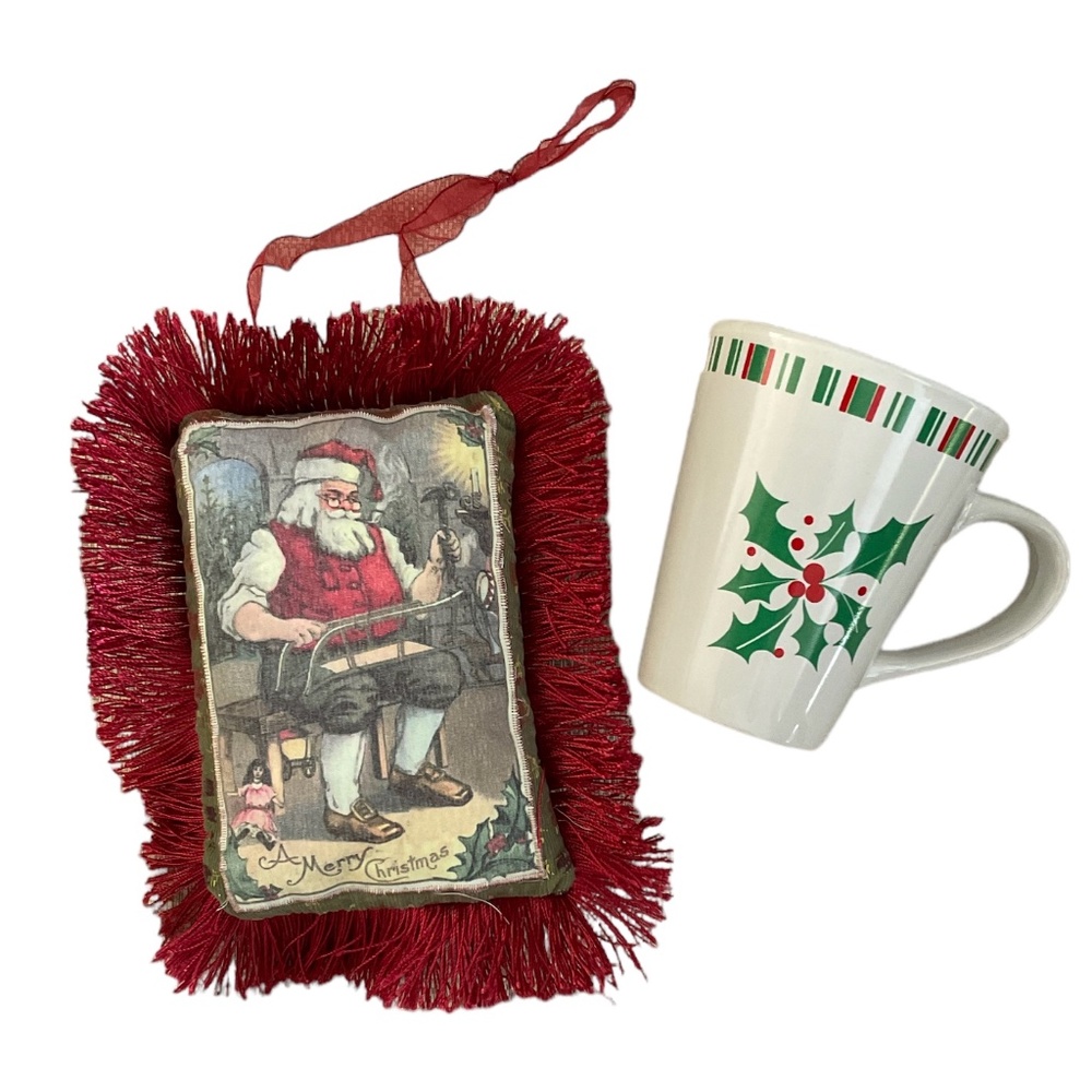 HOLIDAY SEASONS Holly Leaves on Mug & SANTA CHRISTMAS Doorknob Hanger/Ornament
